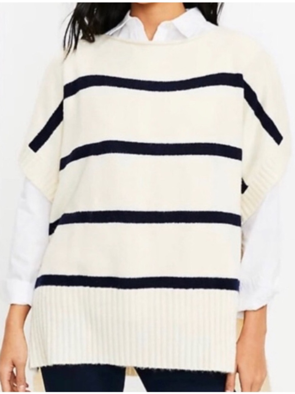 Loft Cream Navy Stripe Poncho Sweater M/L - Cozy Knit Button-Side Top NWT